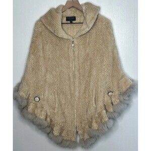 Grinvest Collection Fur Poncho Full Zip Hoodie Pockets Ivory Luxury Old Money